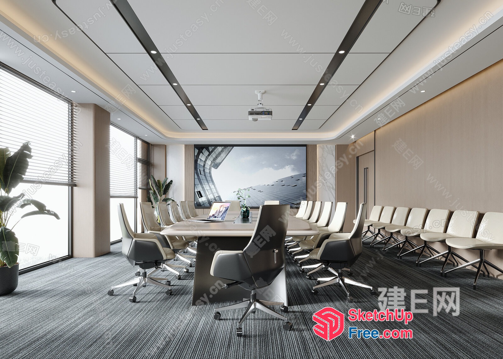 Modern Conference Room With Large Table And White Chairs 3D SketchUp File
