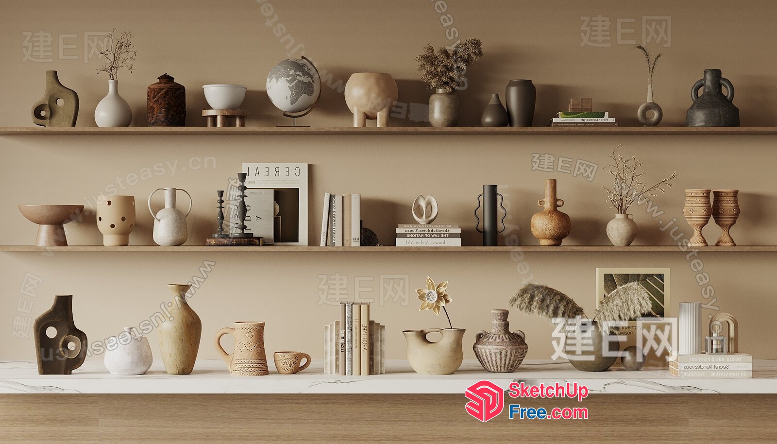 Minimalist Shelf Decor With Vases And Books 3D SketchUp File