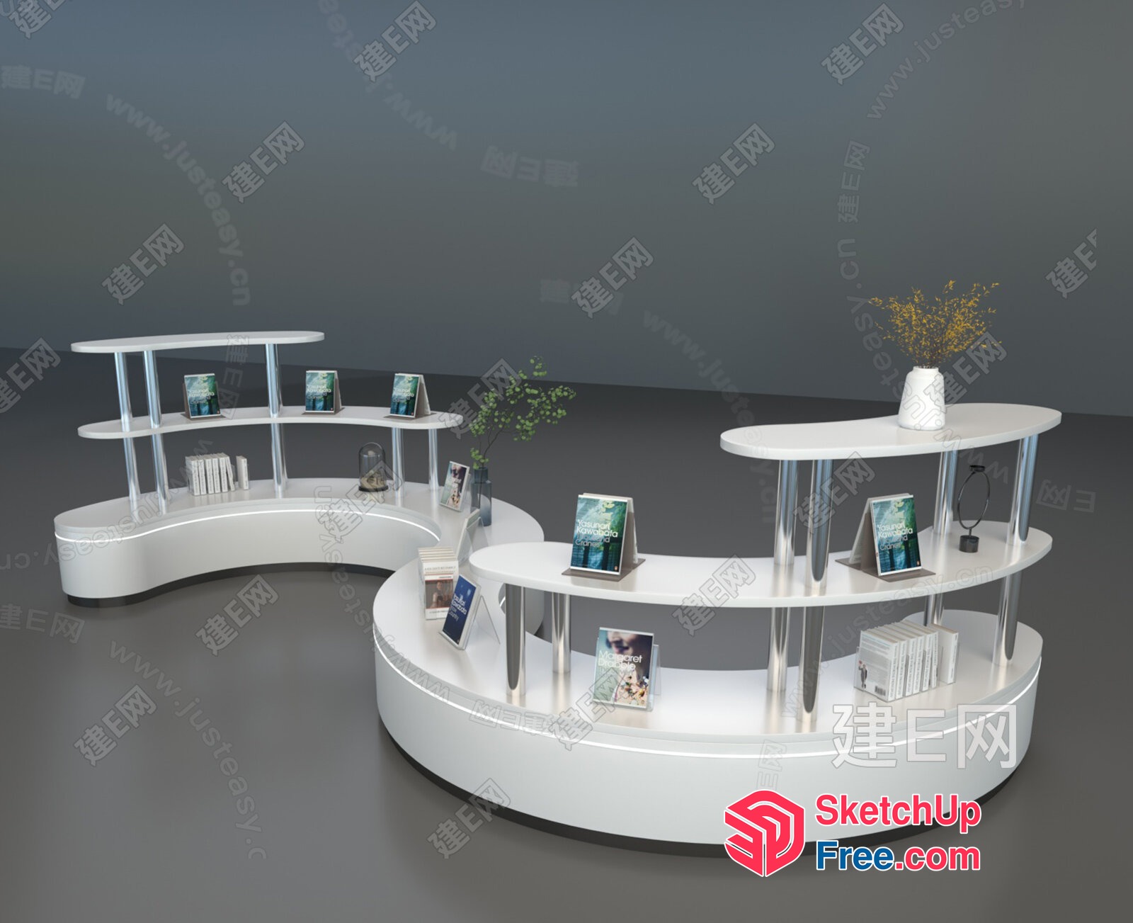 Curved White Shelving Units With Decorative Items 3D SketchUp File