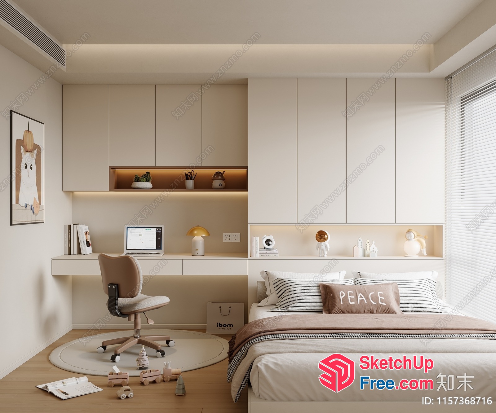 Peaceful Minimalist Bedroom With Desk And Bed 3D SketchUp File