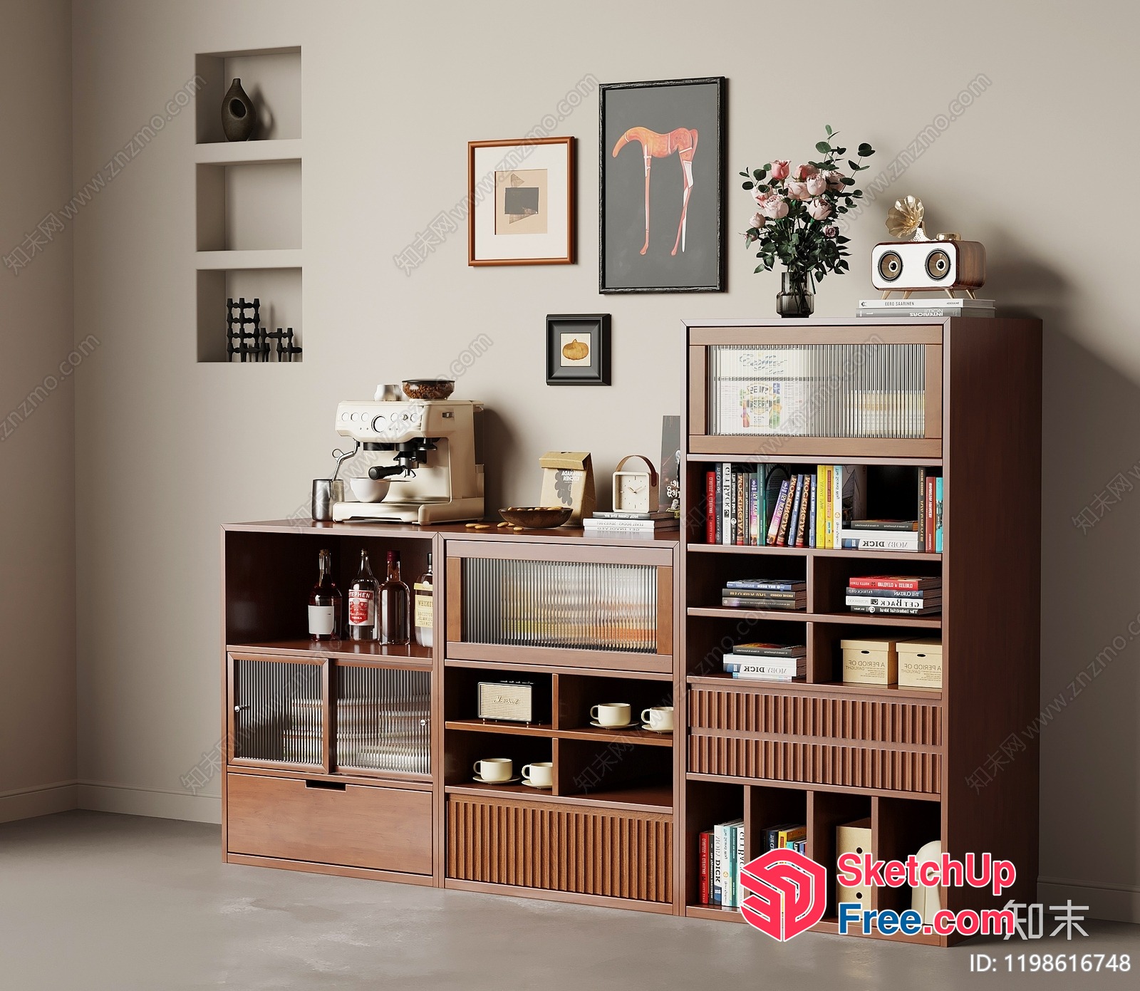 Modern Furniture Arrangement With Coffee Machine And Bookshelf 3D SketchUp File