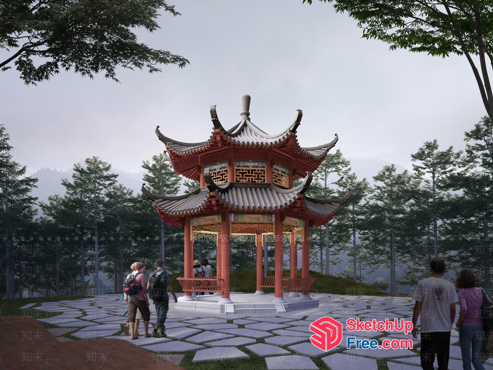 Asian-Inspired Pavilion With Traditional Roof Synthesis 3D SketchUp File