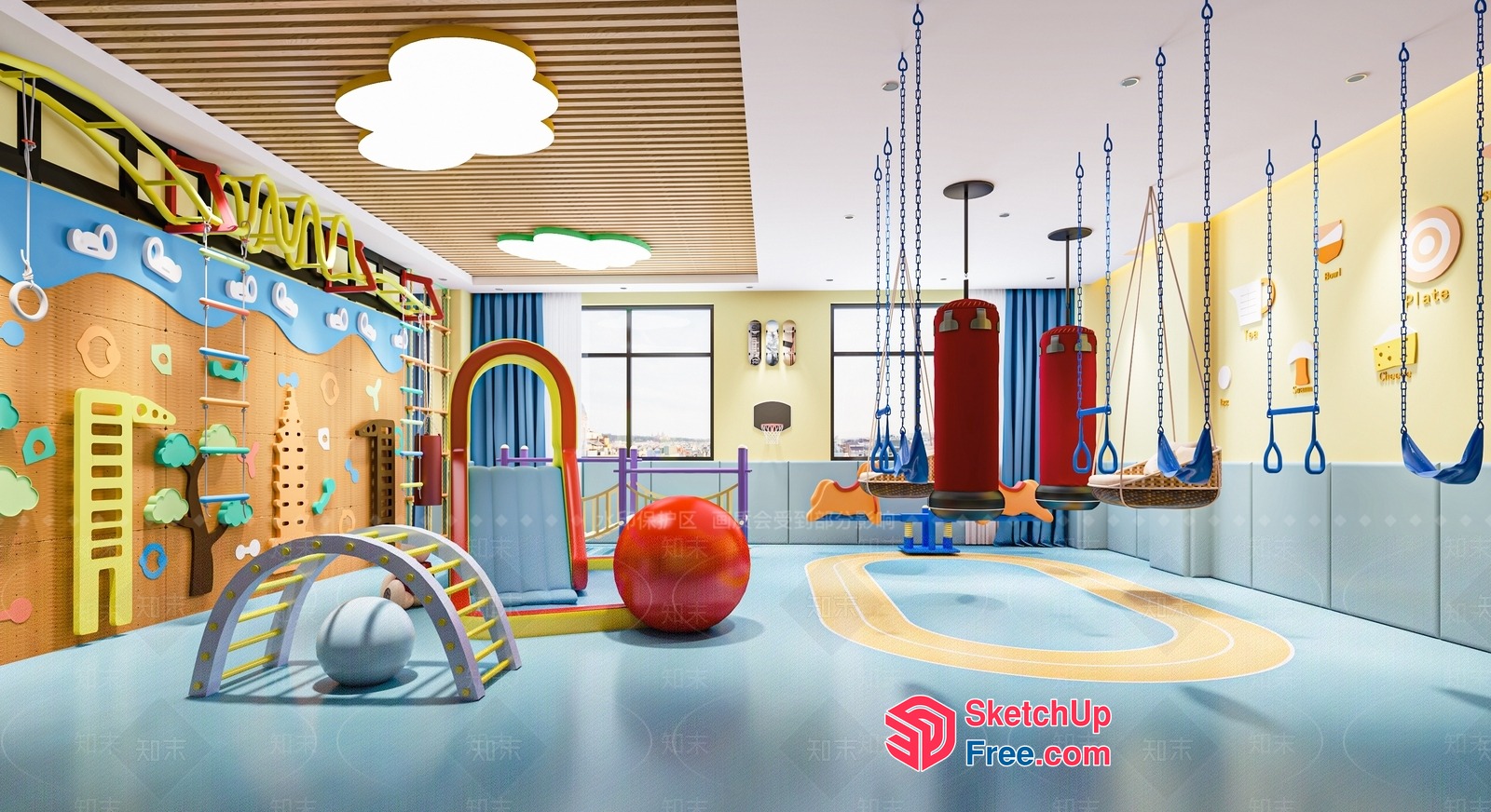 Vibrant Kids' Playroom With Colorful Climbing Wall And Swings 3D SketchUp File