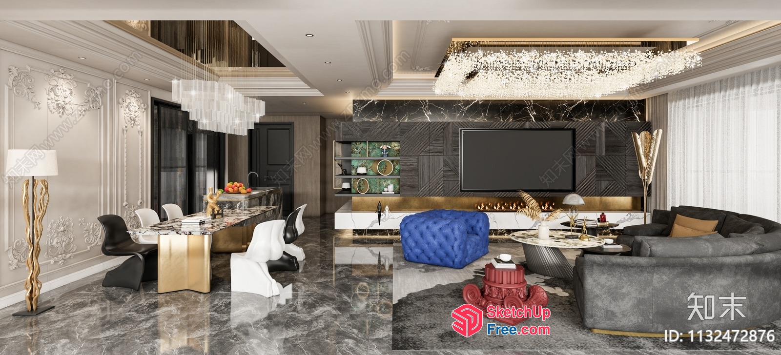 Luxurious Modern Living Room With Marble Flooring 3D SketchUp File
