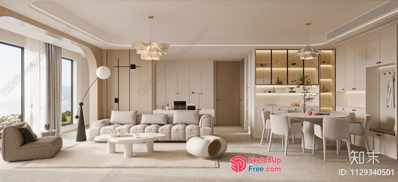 Elegant And Modern White Living Room With Dining Area 3D SketchUp File