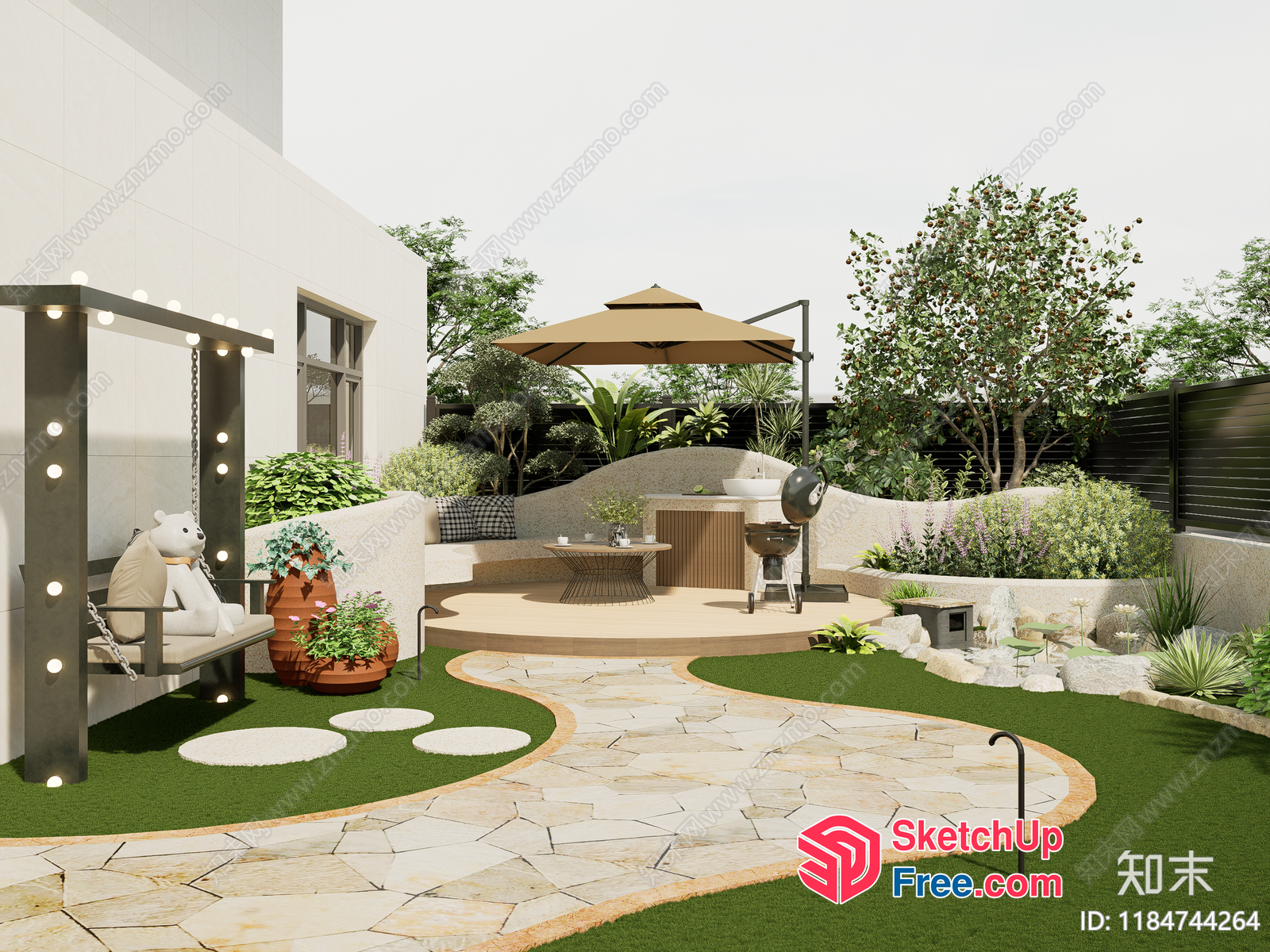 Modern Garden With Stone Pathway And Greenery 3D SketchUp File