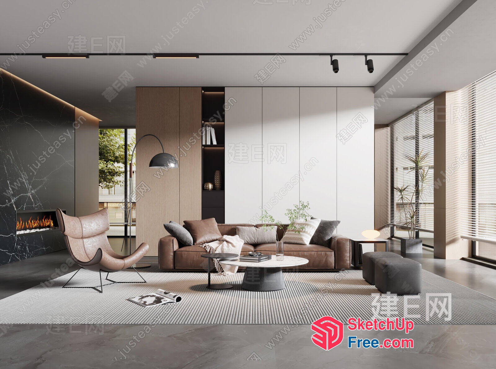 Modern Living Room With Brown Sofa And Fireplace 3D SketchUp File