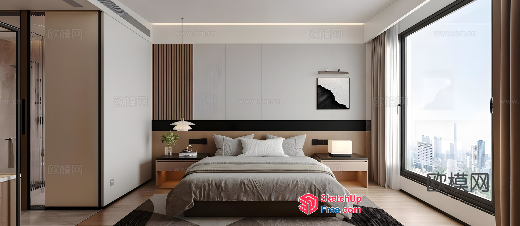 Modern Minimalist Japanese Style Bedroom With City View 3D SketchUp File
