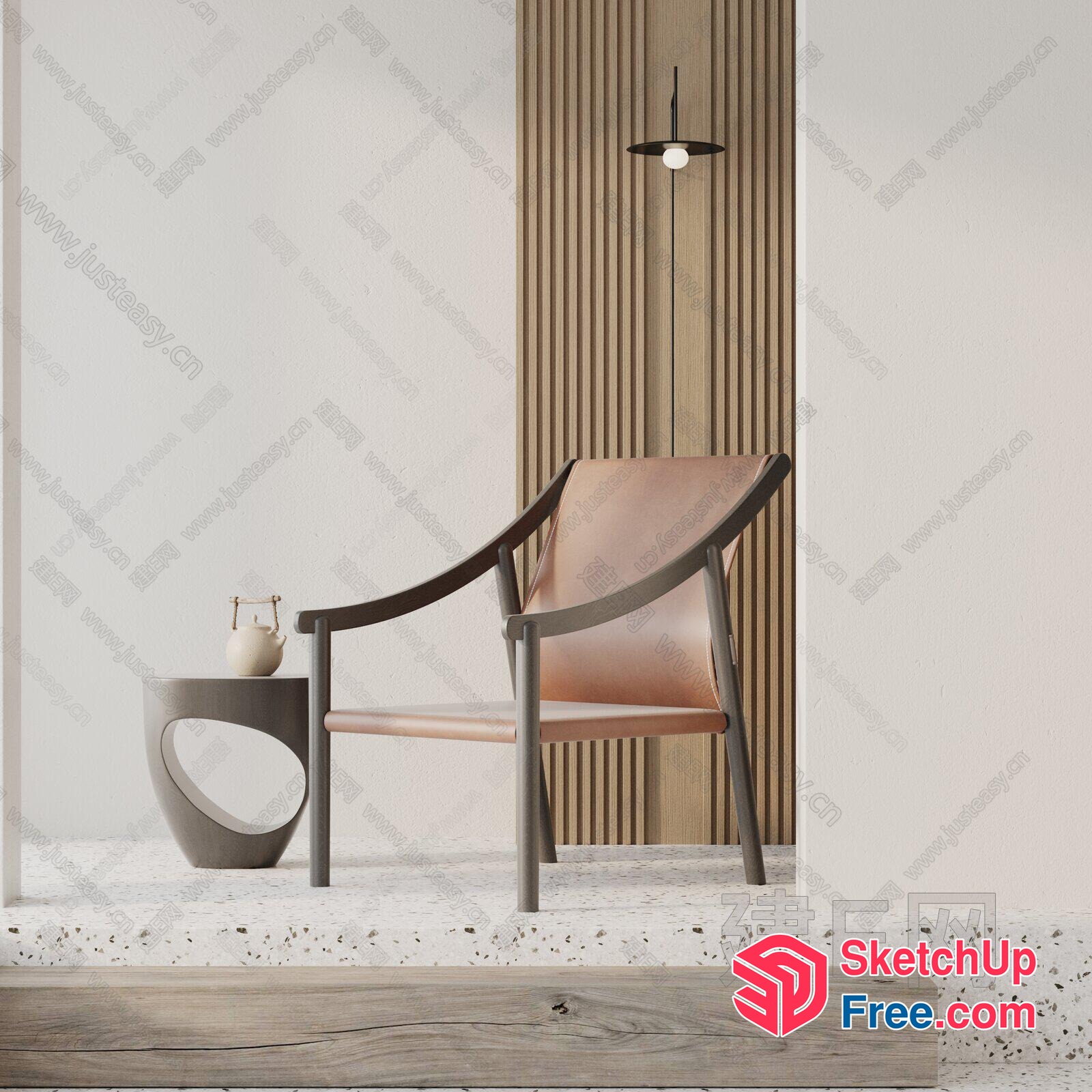 Minimalist Leather Armchair With Wooden Frame 3D SketchUp File