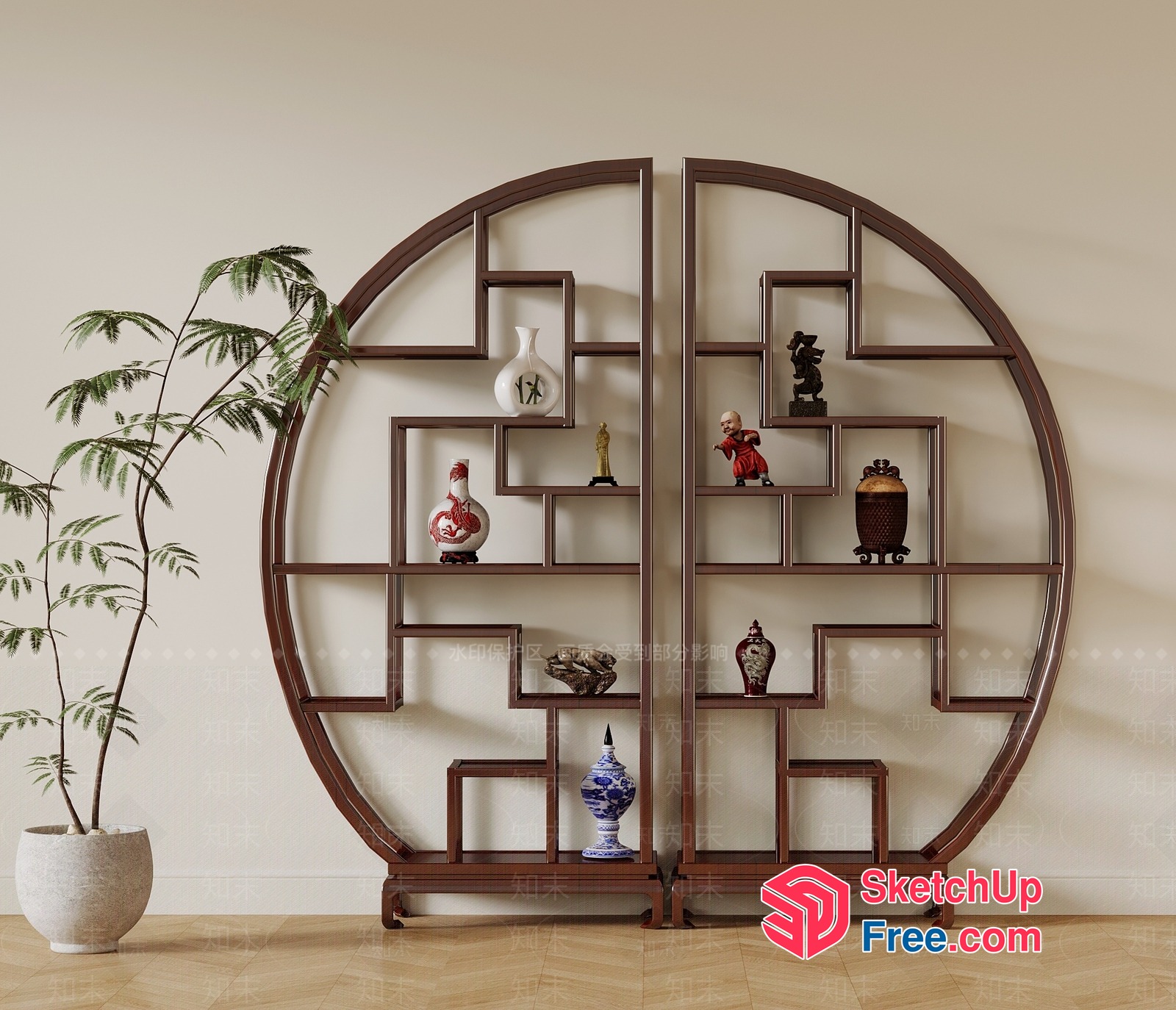 Asian-Inspired Shelving Unit With Ornate Decorations 3D SketchUp File