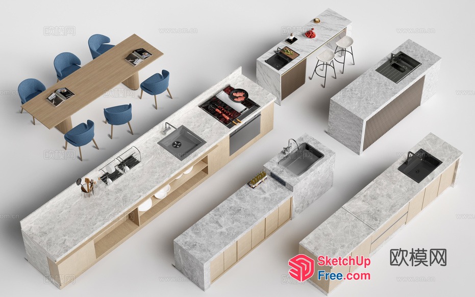Modern Kitchen Island With Marble Countertops 3D SketchUp File