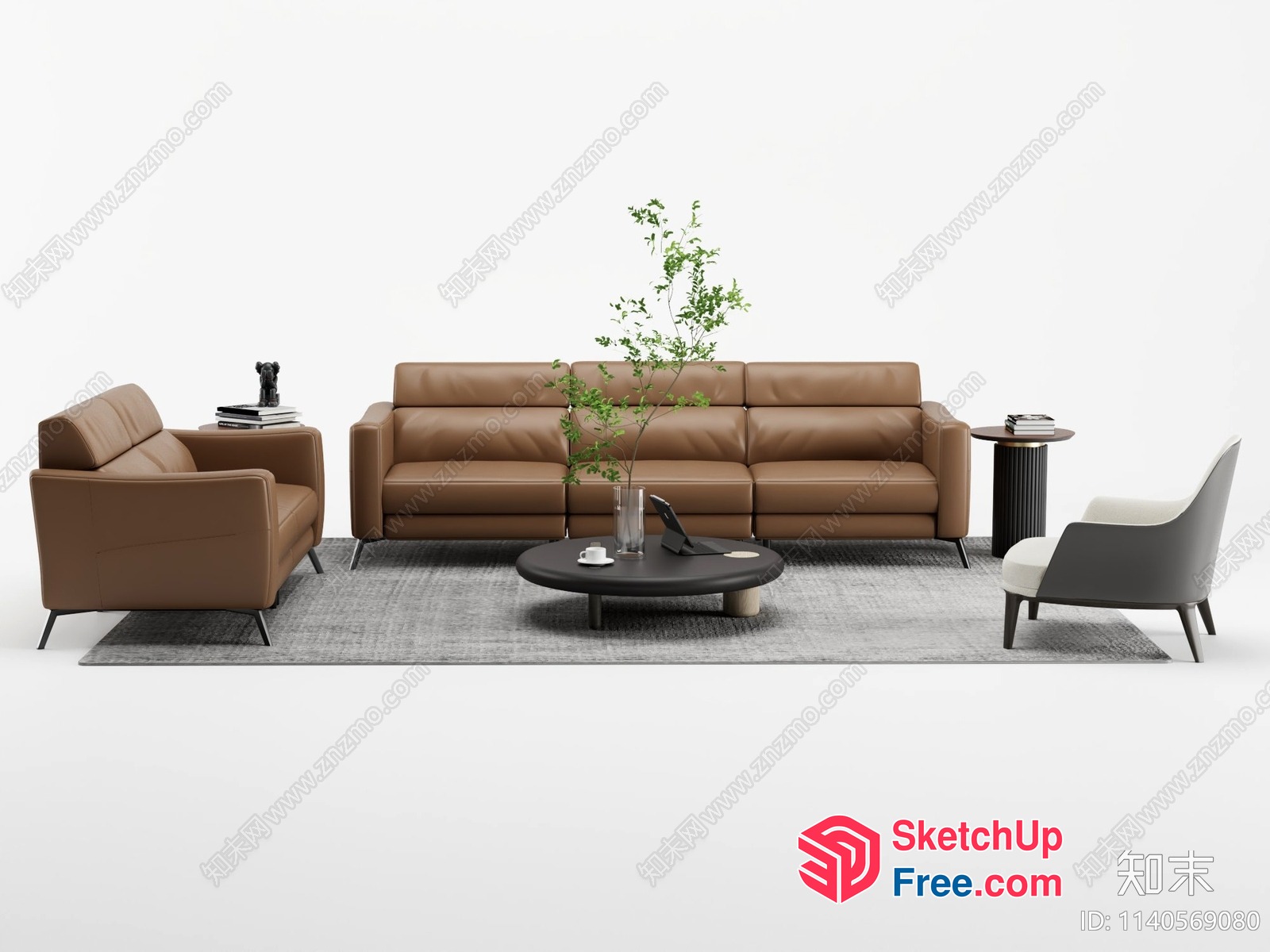 Modern Brown Leather Sofa And Armchair Set With Coffee Table 3D SketchUp File