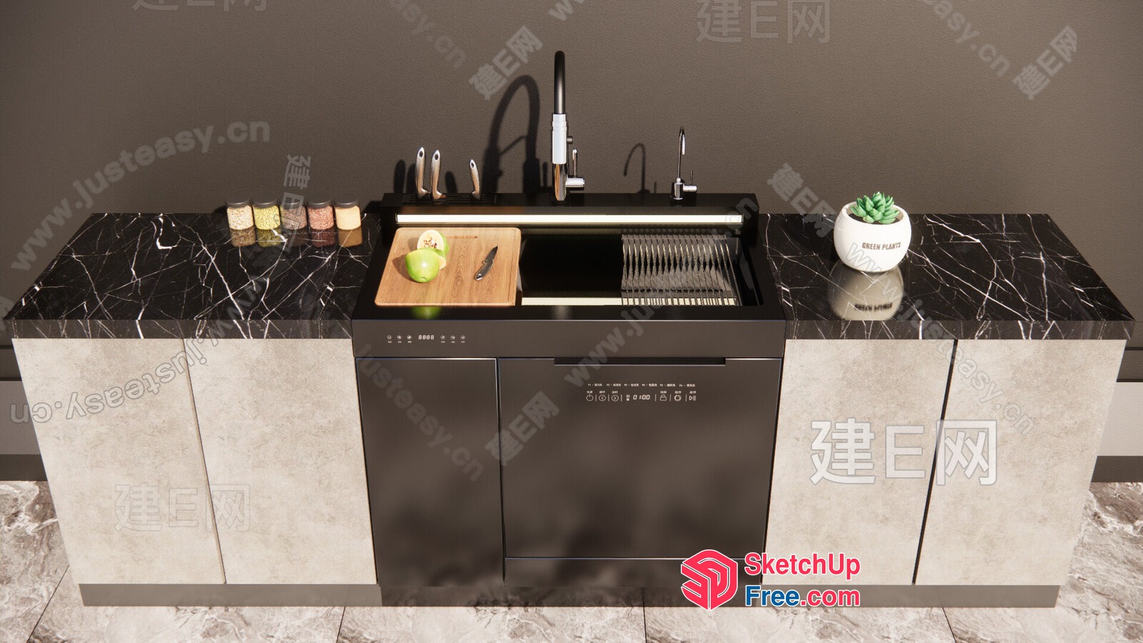 Modern Kitchen Island With Integrated Sink And Dishwasher 3D SketchUp File
