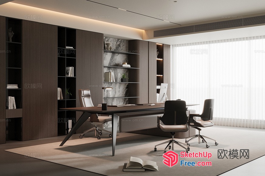 Modern Office Space With Dark Wood And Leather Furniture 3D SketchUp File