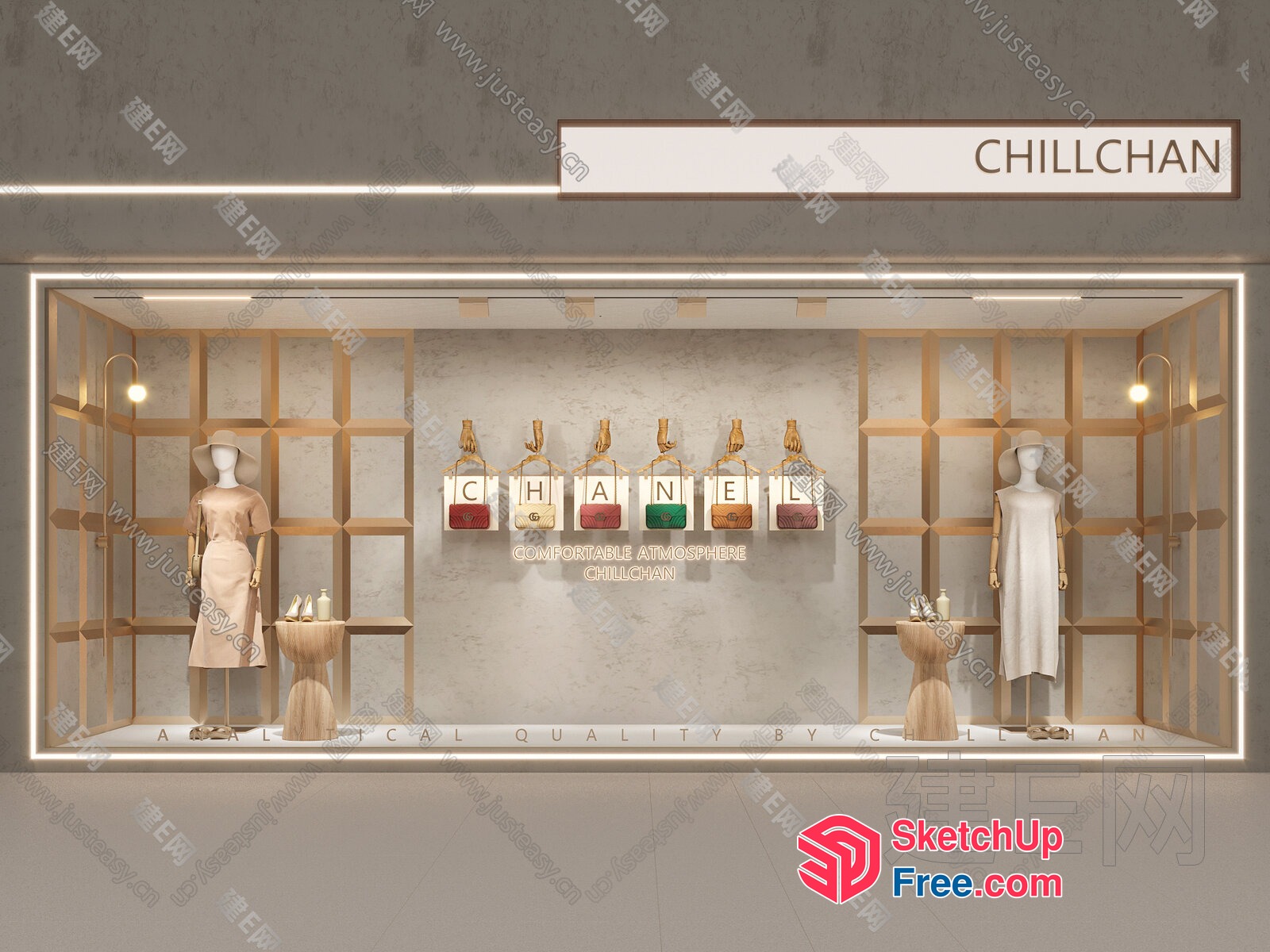 Modern Minimalist White And Gold Clothing Store Interior 3D SketchUp File