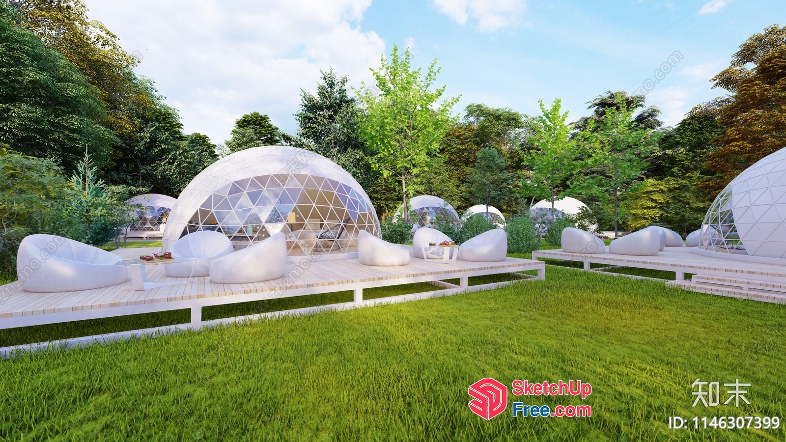 Serene Outdoor Lounge Spaces With Geodesic Domes And Modern Furniture 3D SketchUp File