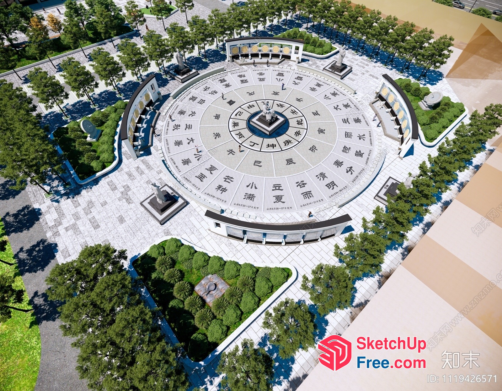 Circular Plaza With Asian-Inspired Decorations 3D SketchUp File