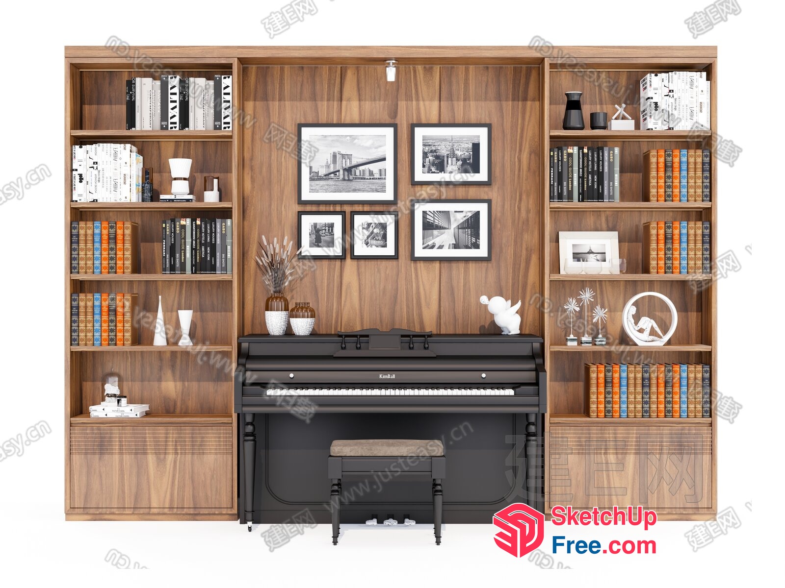 Elegant Piano And Bookshelf Arrangement 3D SketchUp File