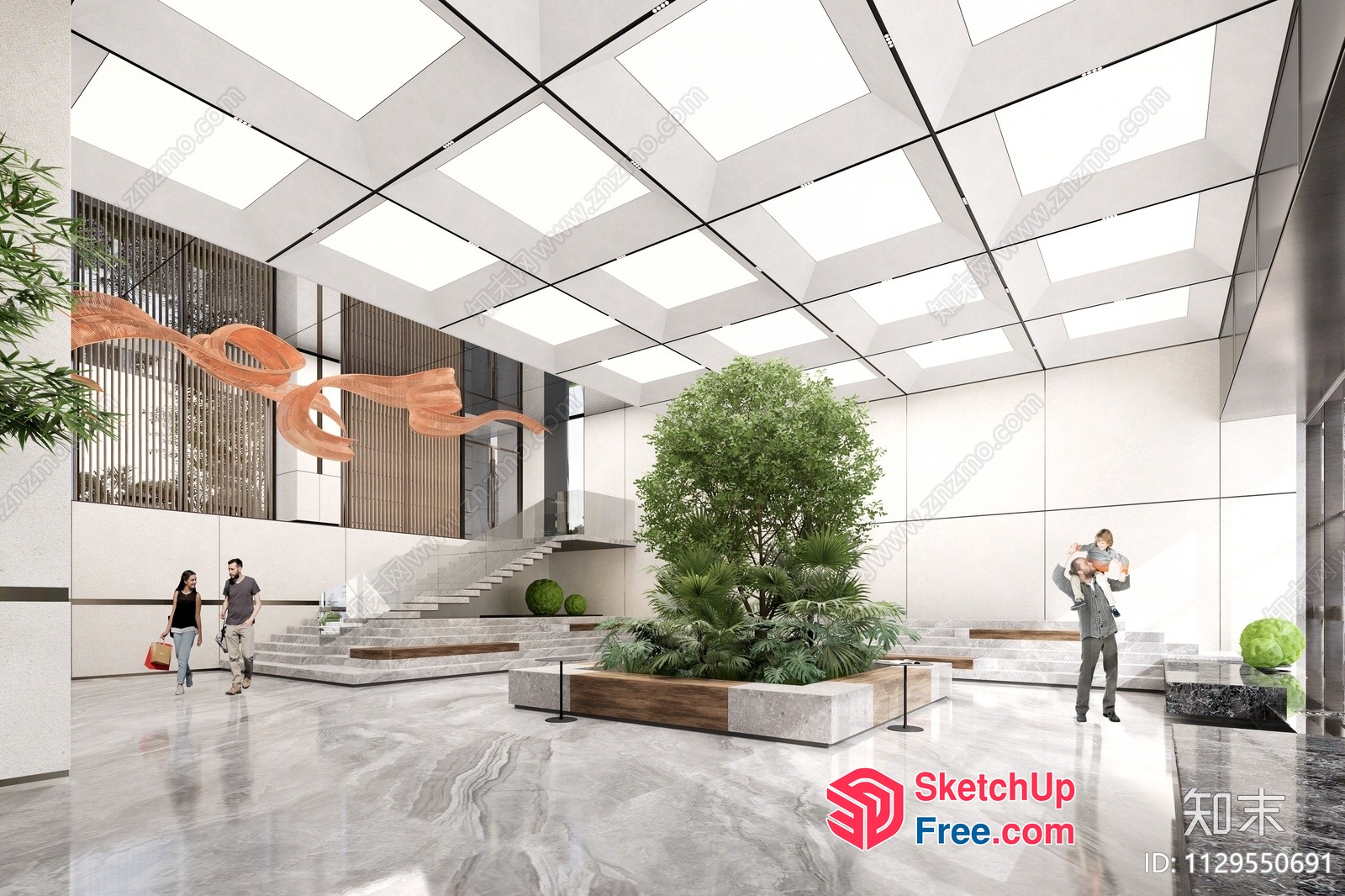 Modern Marble-Floor Interior With Staircase And Potted Plant 3D SketchUp File