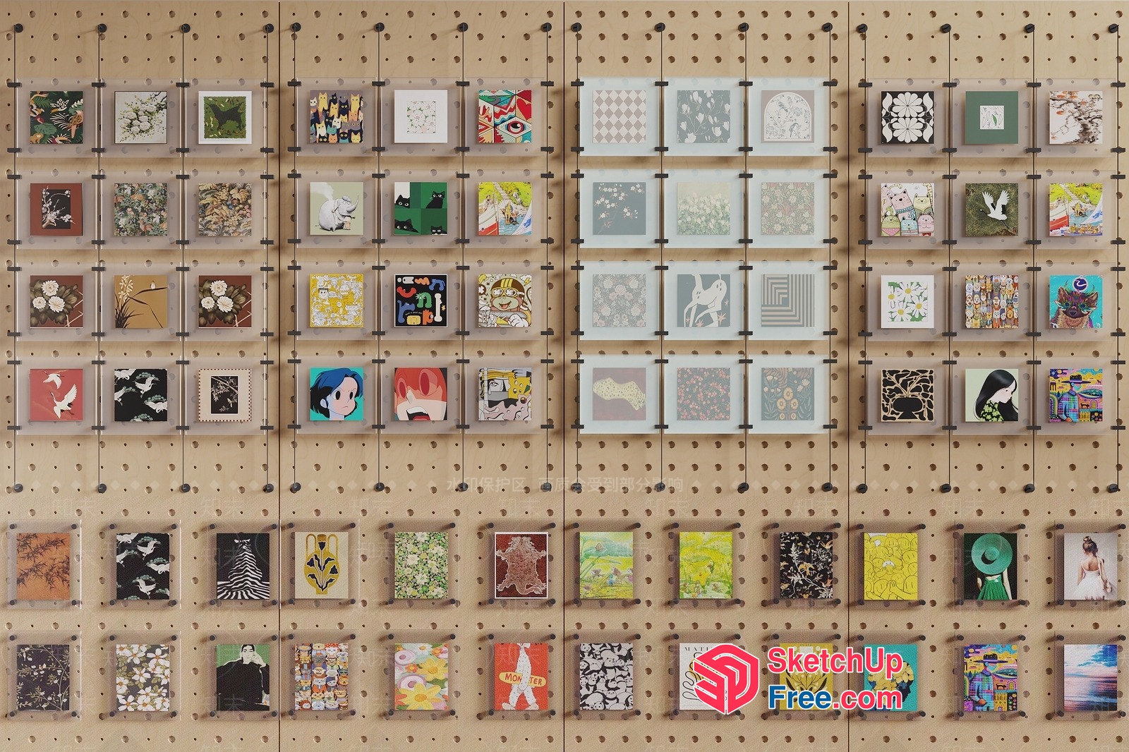Colorful Artwork Display On Wooden Pegboard 3D SketchUp File