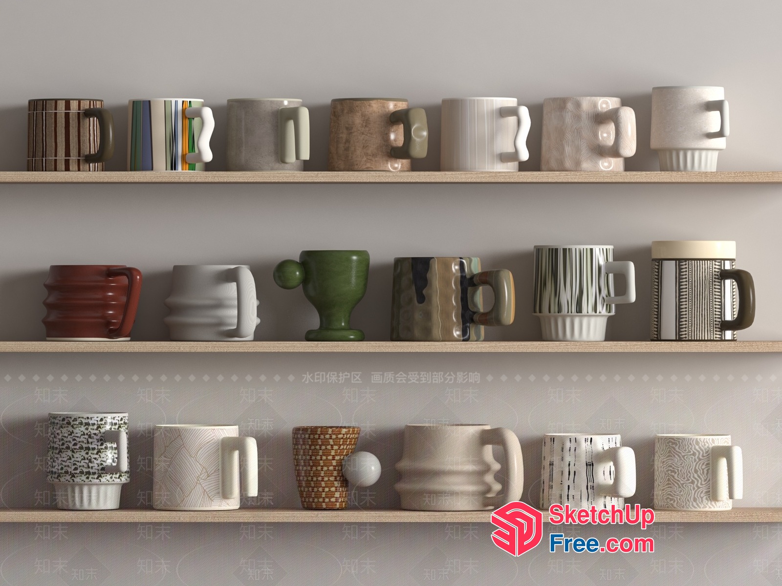 A Collection Of Unique Mugs On Three Shelves 3D SketchUp File