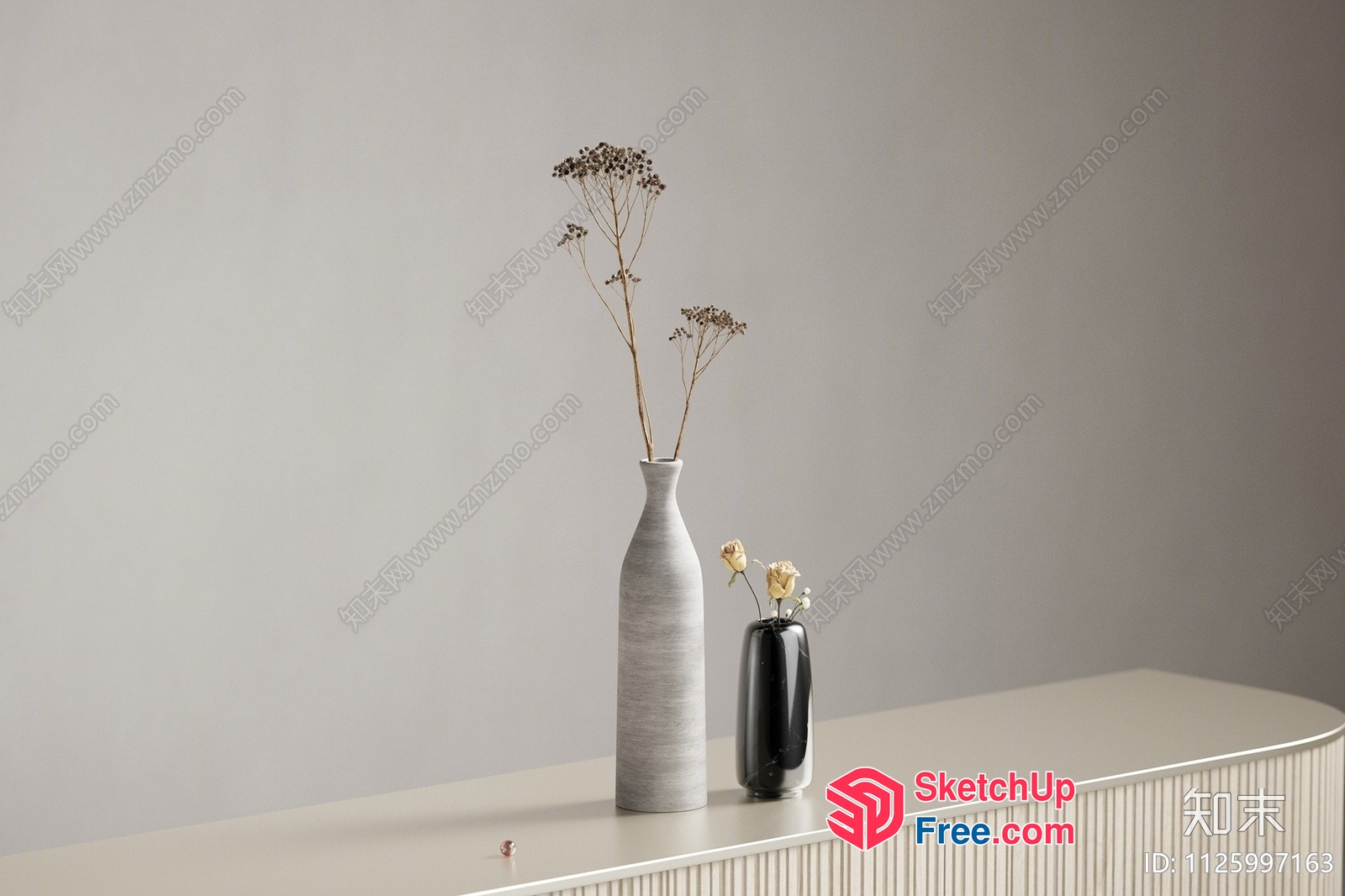 Vases And Flowers On A Creamy White Table 3D SketchUp File