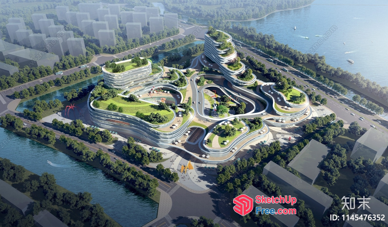 Modern Office Building With Green Roof And Waterfront Views 3D SketchUp File