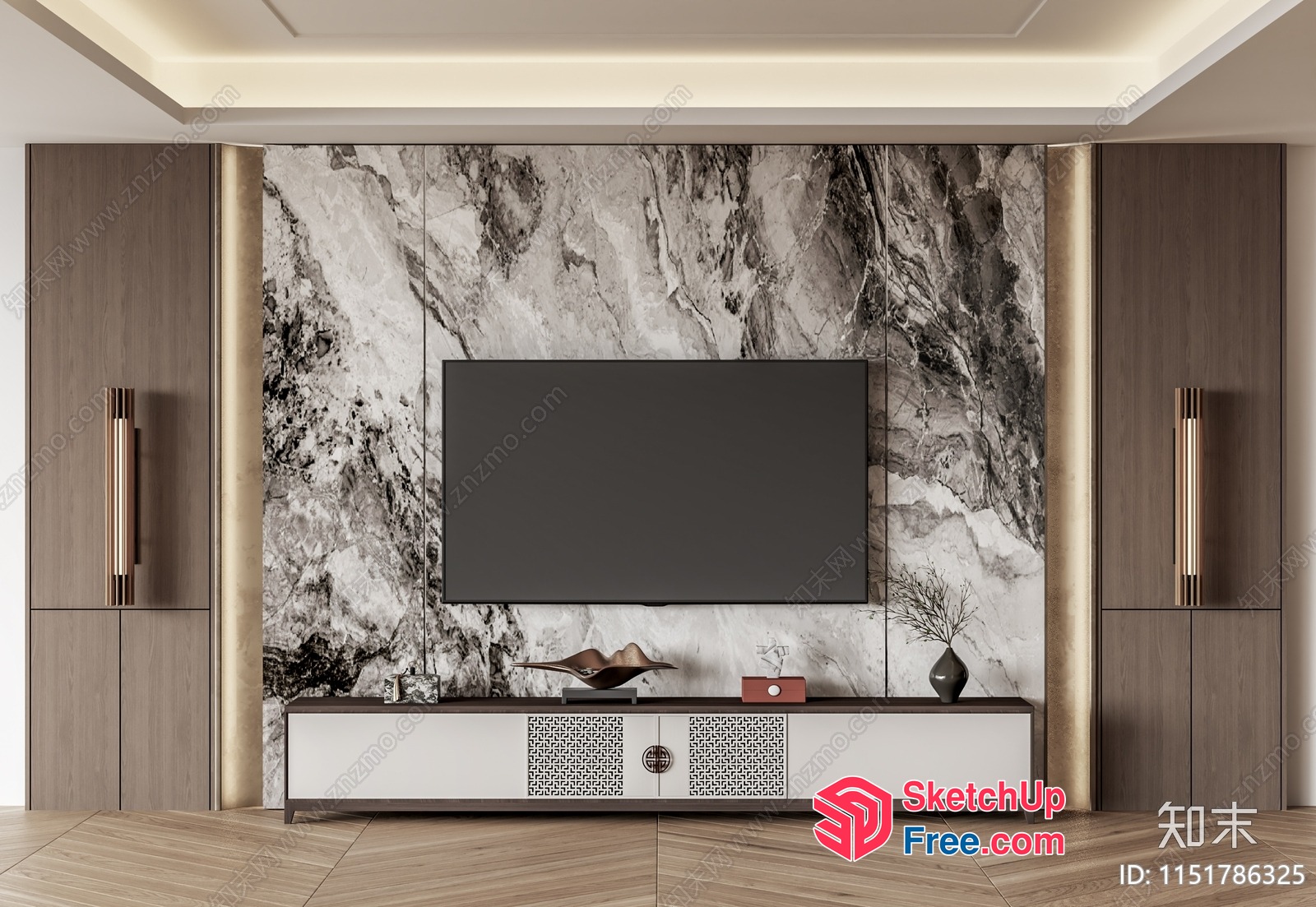 Modern Tv Stand With Marble Wall And Wood Floors 3D SketchUp File
