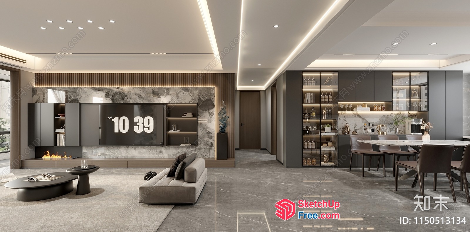 Modern And Elegant Living Room With Dining Area 3D SketchUp File