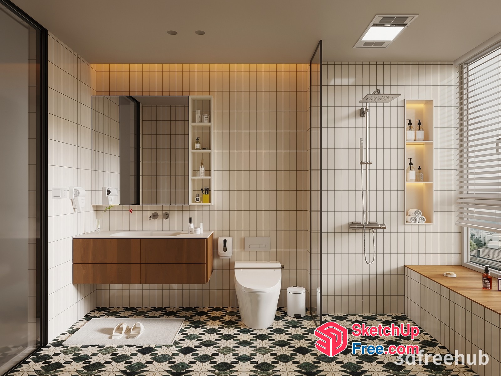 Modern Bathroom Interior With White Tiles And Patterned Floor 3D SketchUp File