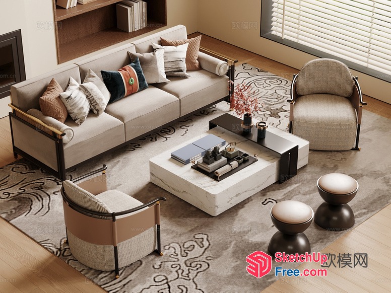 Elegant Living Room With Creamy Style Sofa And Marble Coffee Table 3D SketchUp File