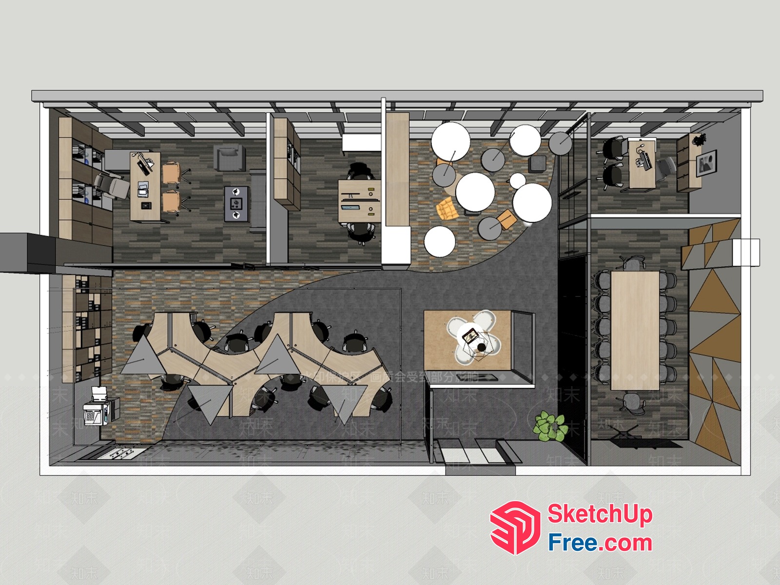 Modern Office Layout With Unique Meeting Room Design 3D SketchUp File