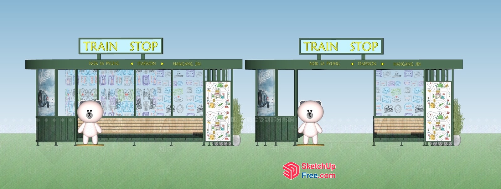 Cartoon Bear Figures At Train Station Bus Stop 3D SketchUp File