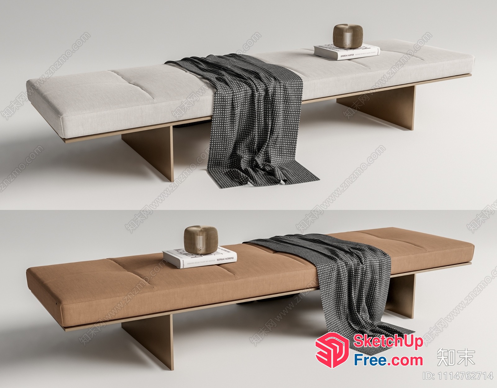 Modern Minimalist Japanese Style Bed With Beige Upholstery 3D SketchUp File