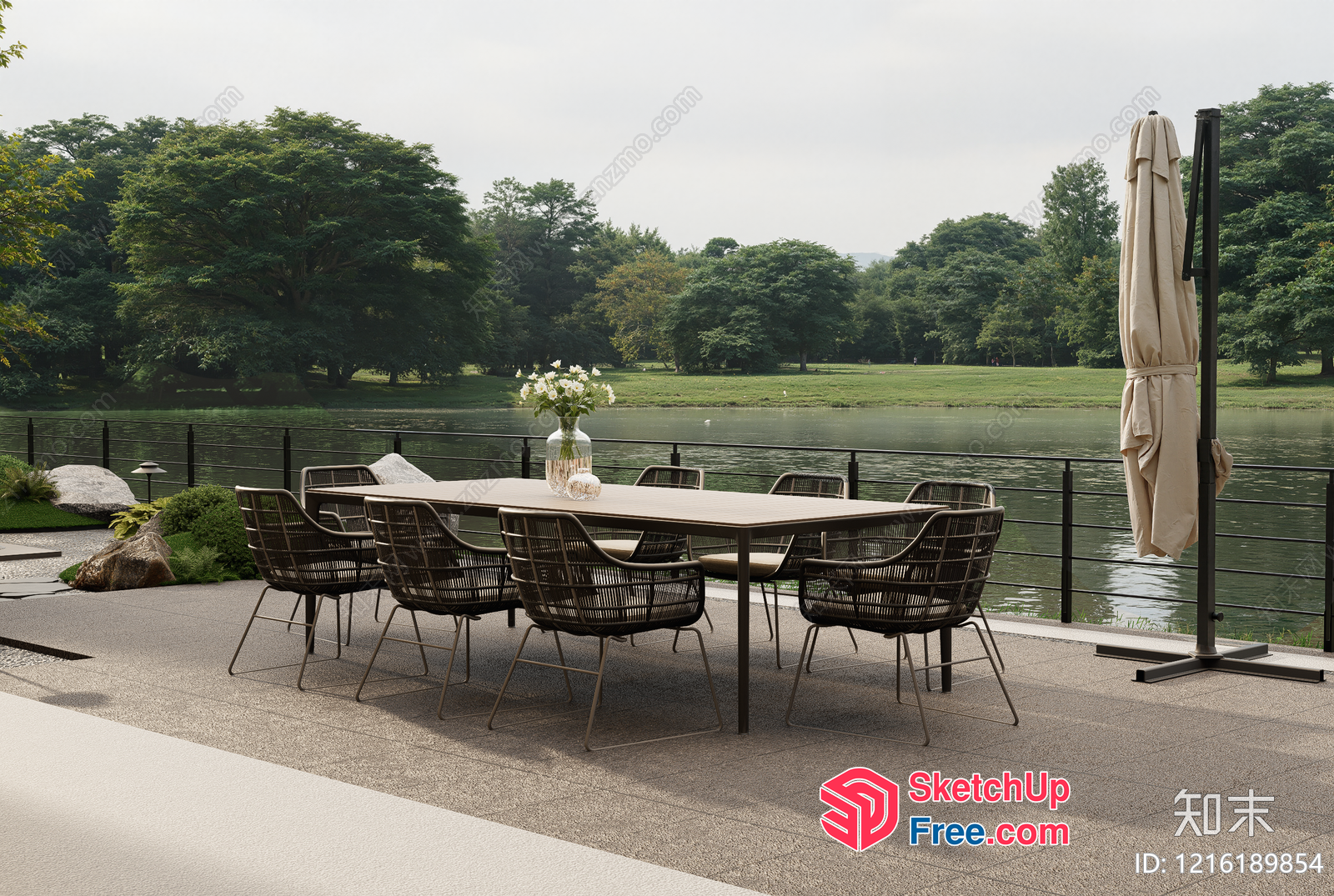 Elegant Outdoor Dining Area With Water View 3D SketchUp File