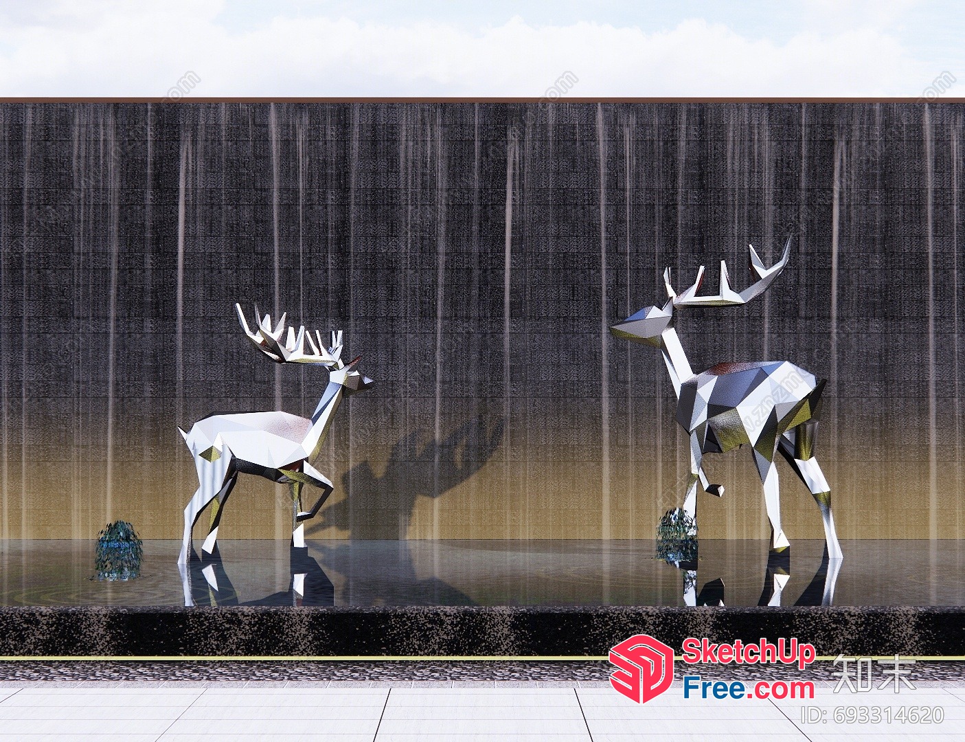 Metal Deer Statues Against Waterfall Background 3D SketchUp File
