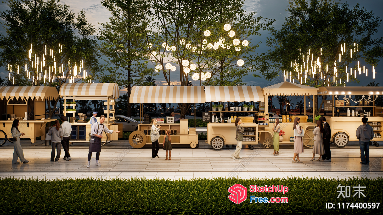Night Market Street Scene With Food Trucks And Pedestrians 3D SketchUp File