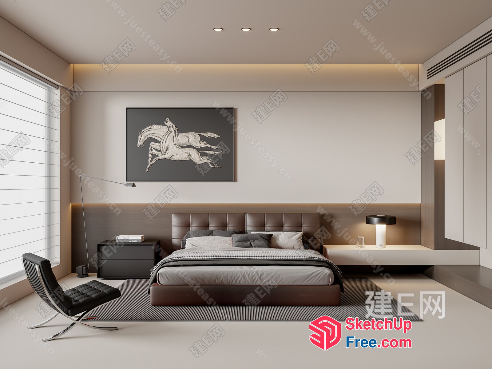 Modern Minimalist Bedroom With White And Brown Color Scheme 3D SketchUp File