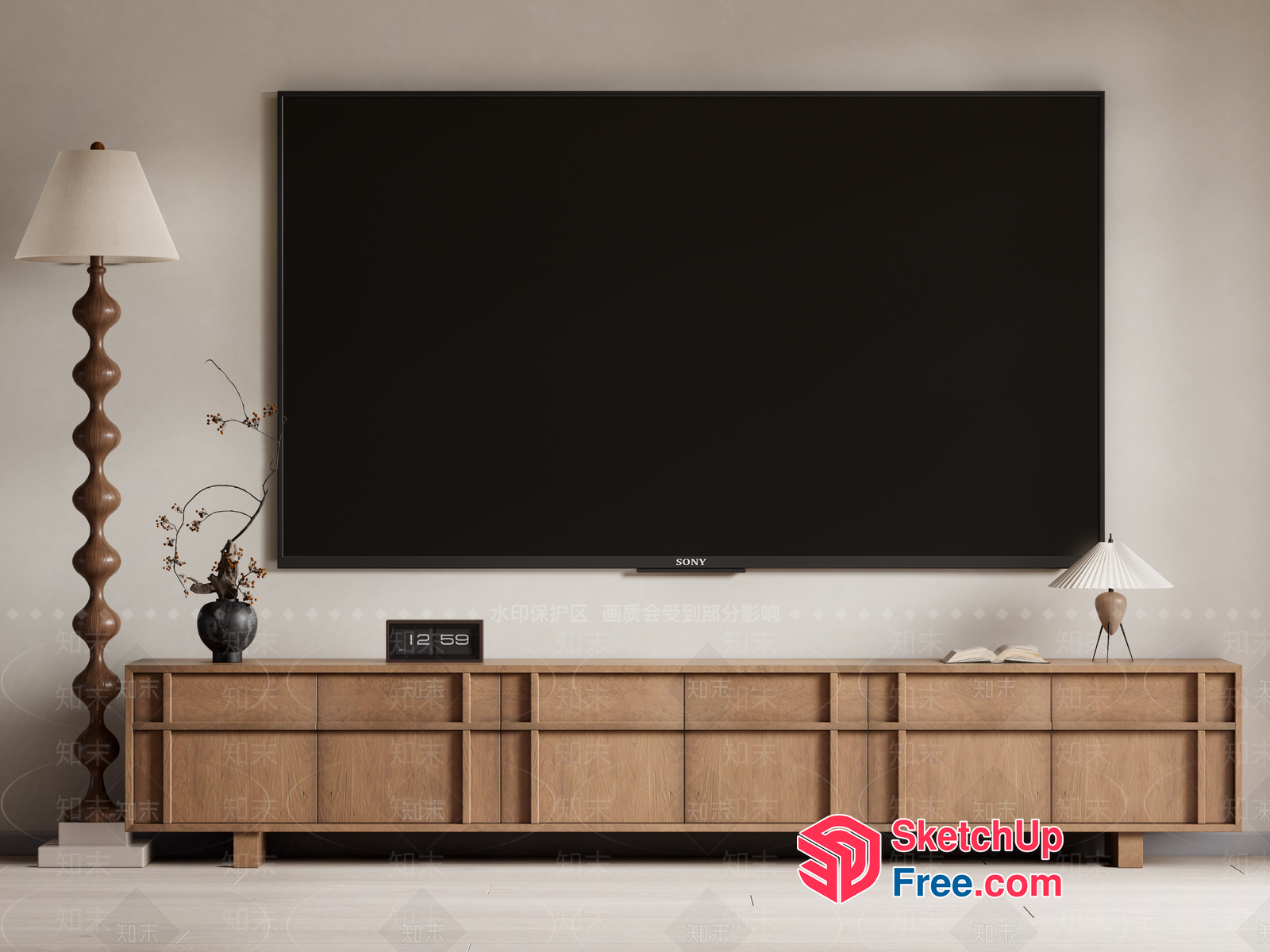 Modern Minimalist Living Room With Large Tv And Wooden Furniture 3D SketchUp File