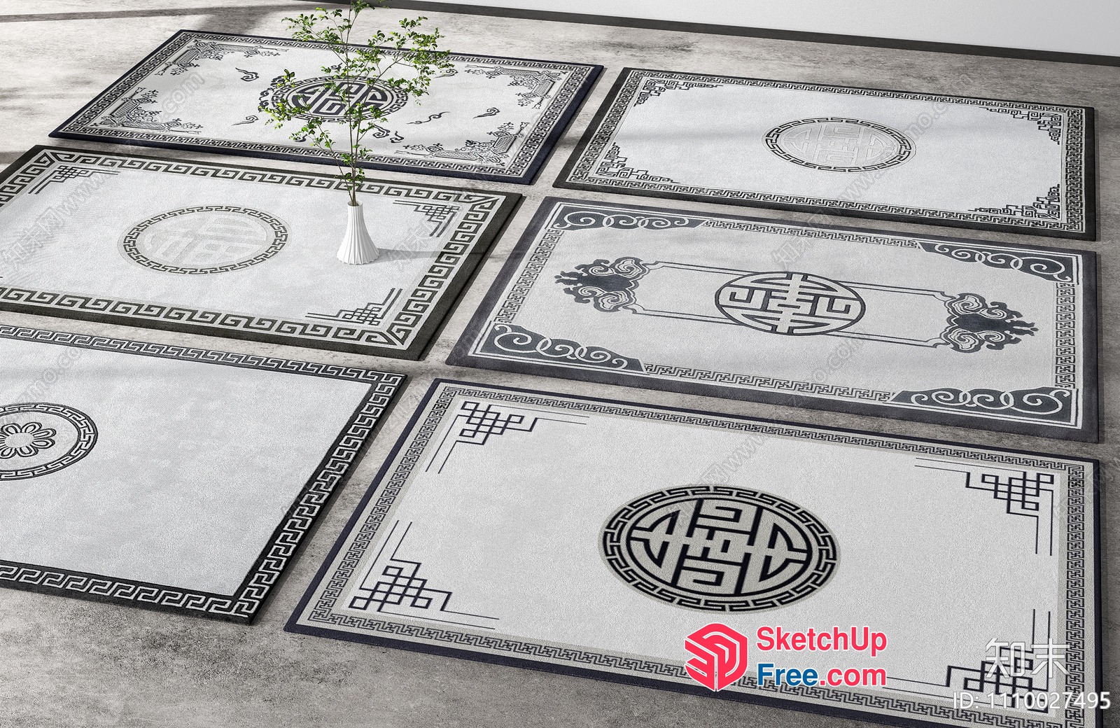 Elegant Chinese-Inspired Decorative Floor Mats 3D SketchUp File