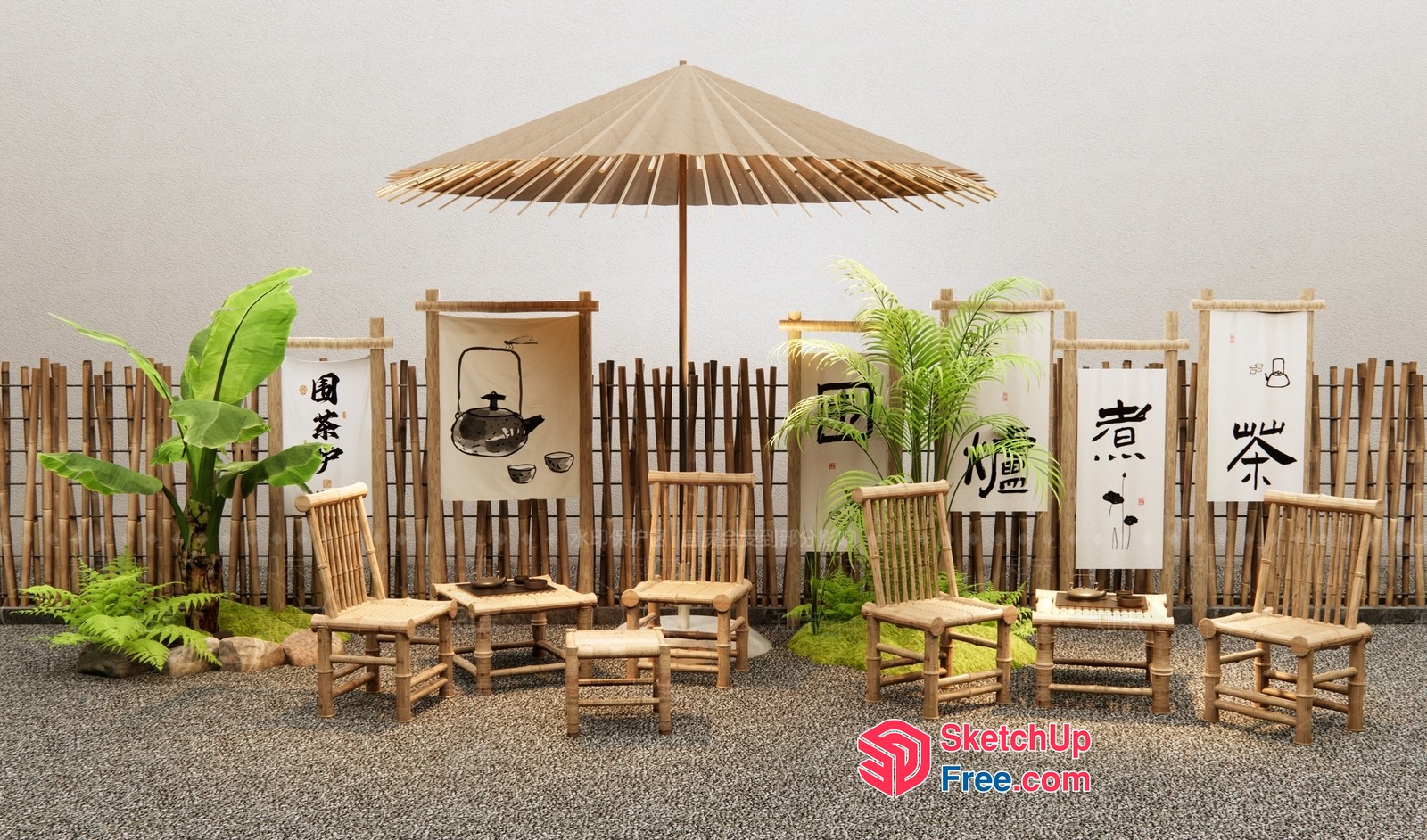 Traditional Asian-Inspired Outdoor Seating Area 3D SketchUp File