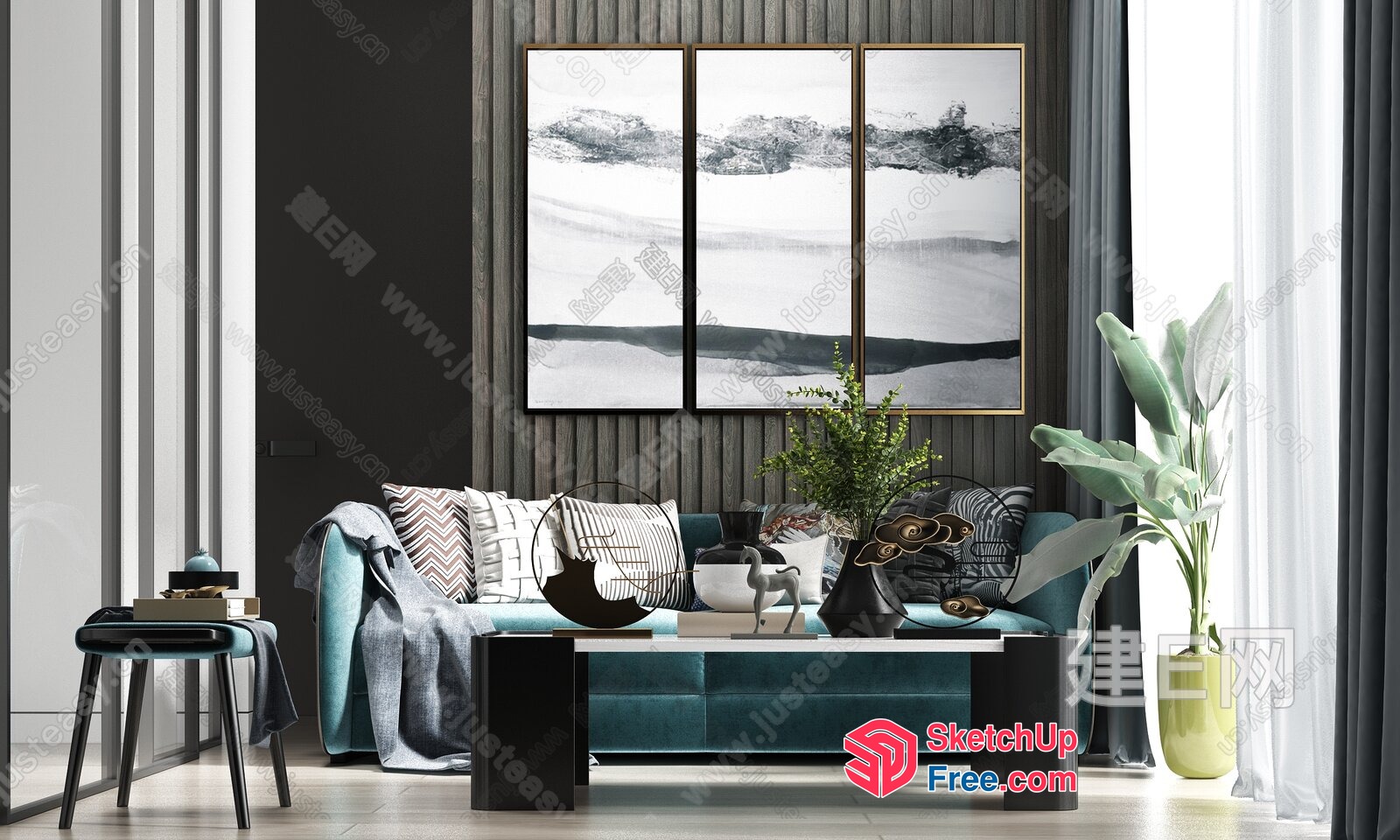 Modern Living Room With Teal Sofa And Abstract Artwork 3D SketchUp File