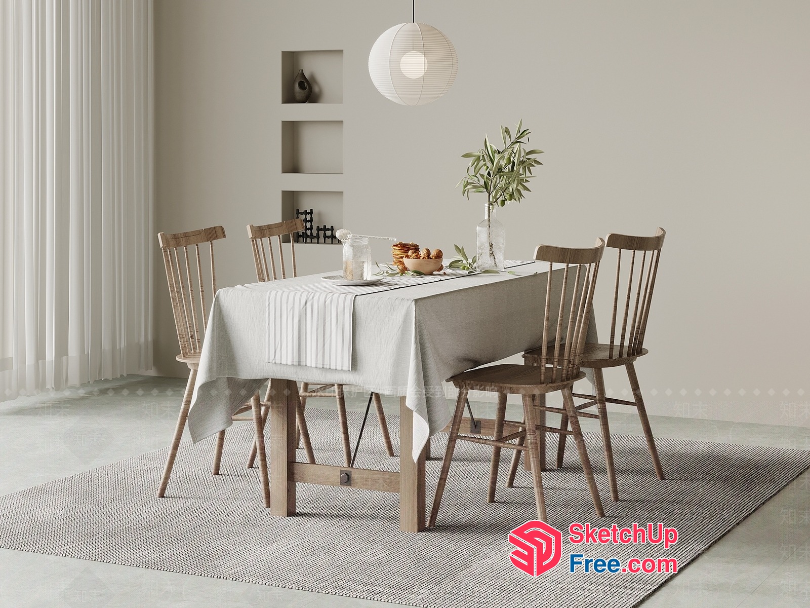 Modern Minimalist Dining Room With Natural Wood Furniture 3D SketchUp File
