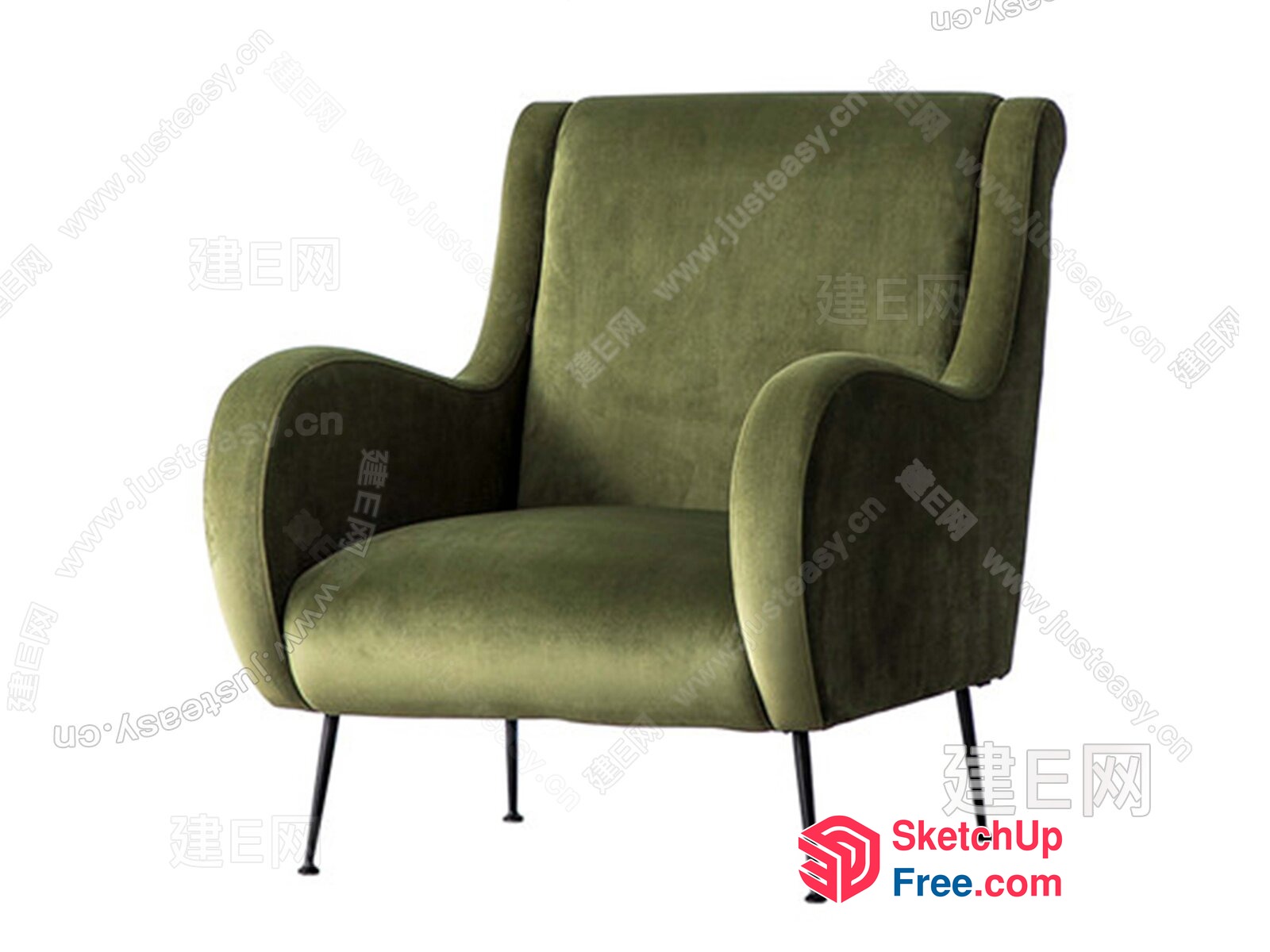 Olive Green Velvet Armchair With Curved Legs 3D SketchUp File