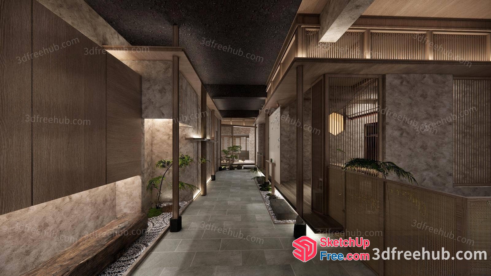 Japanese-Style Interior Hallway With Natural Materials 3D SketchUp File