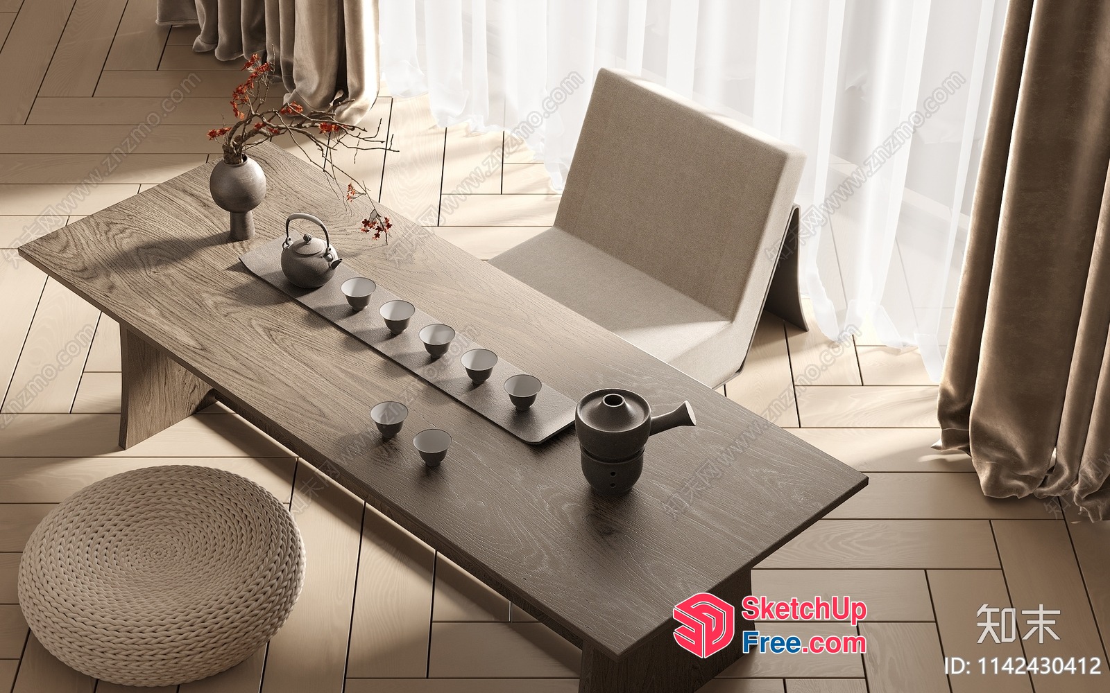 Minimalist Japanese-Style Tea Table Setting 3D SketchUp File