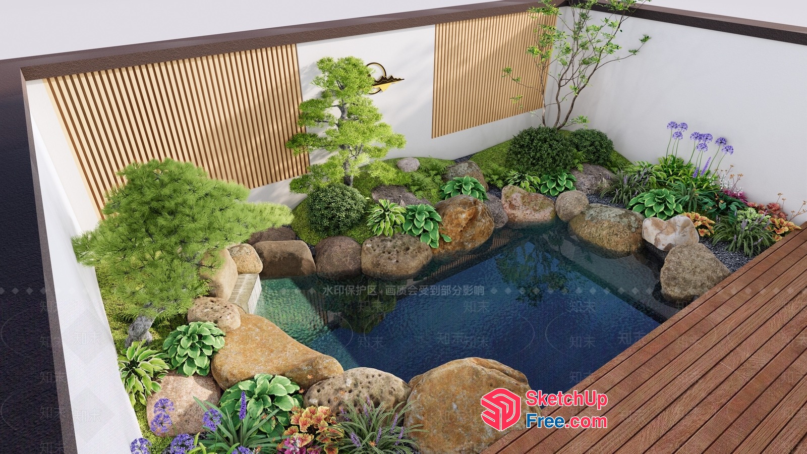 Japanese Style Garden With Water Feature And Wooden Accents 3D SketchUp File