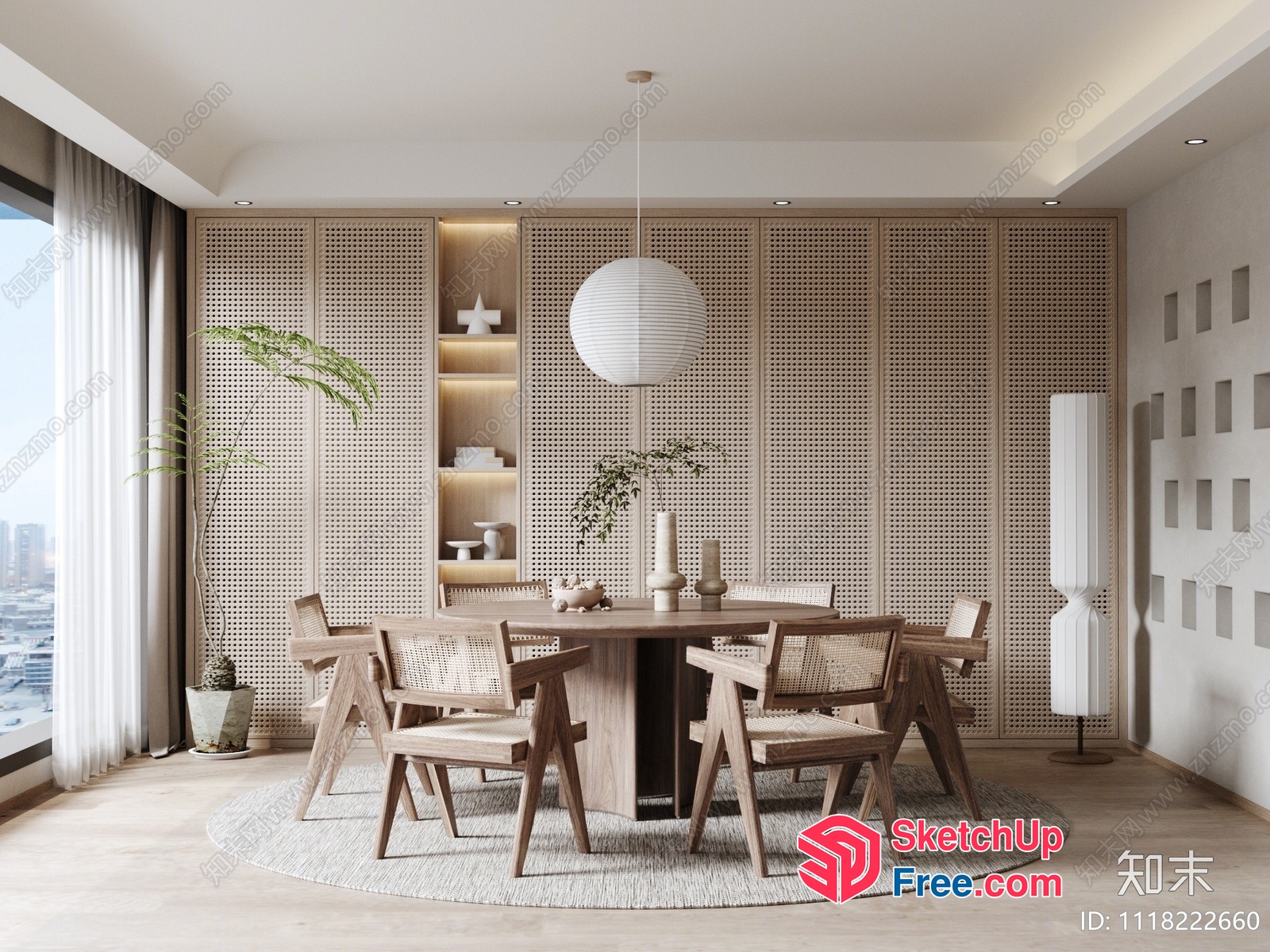 Elegant Modern Dining Room With Round Table And Natural Wood Chairs 3D SketchUp File