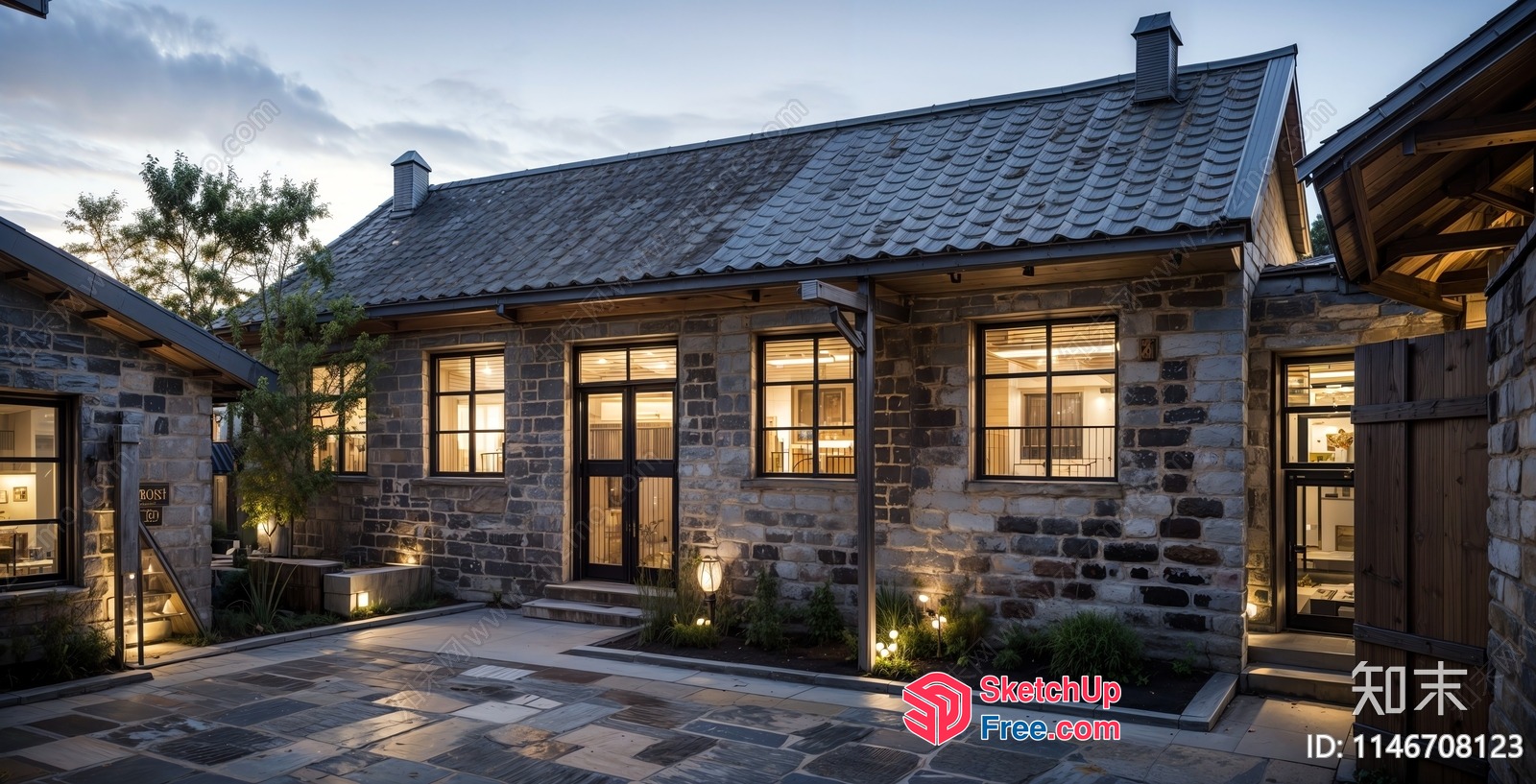Stone House Exterior With Warm Lighting And Natural Textures 3D SketchUp File