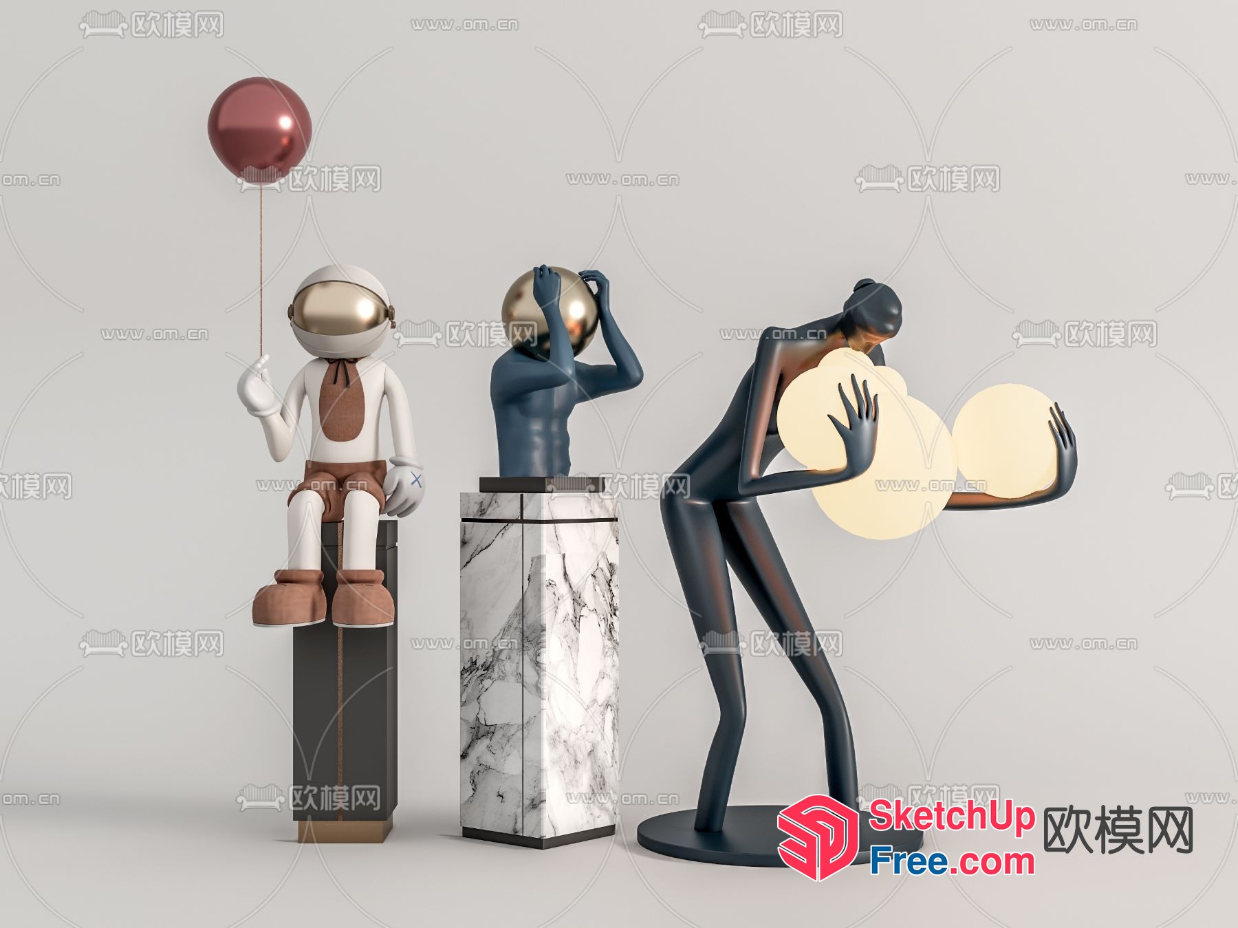 Three Modern Figurines In Astronaut, Man, And Woman Poses 3D SketchUp File
